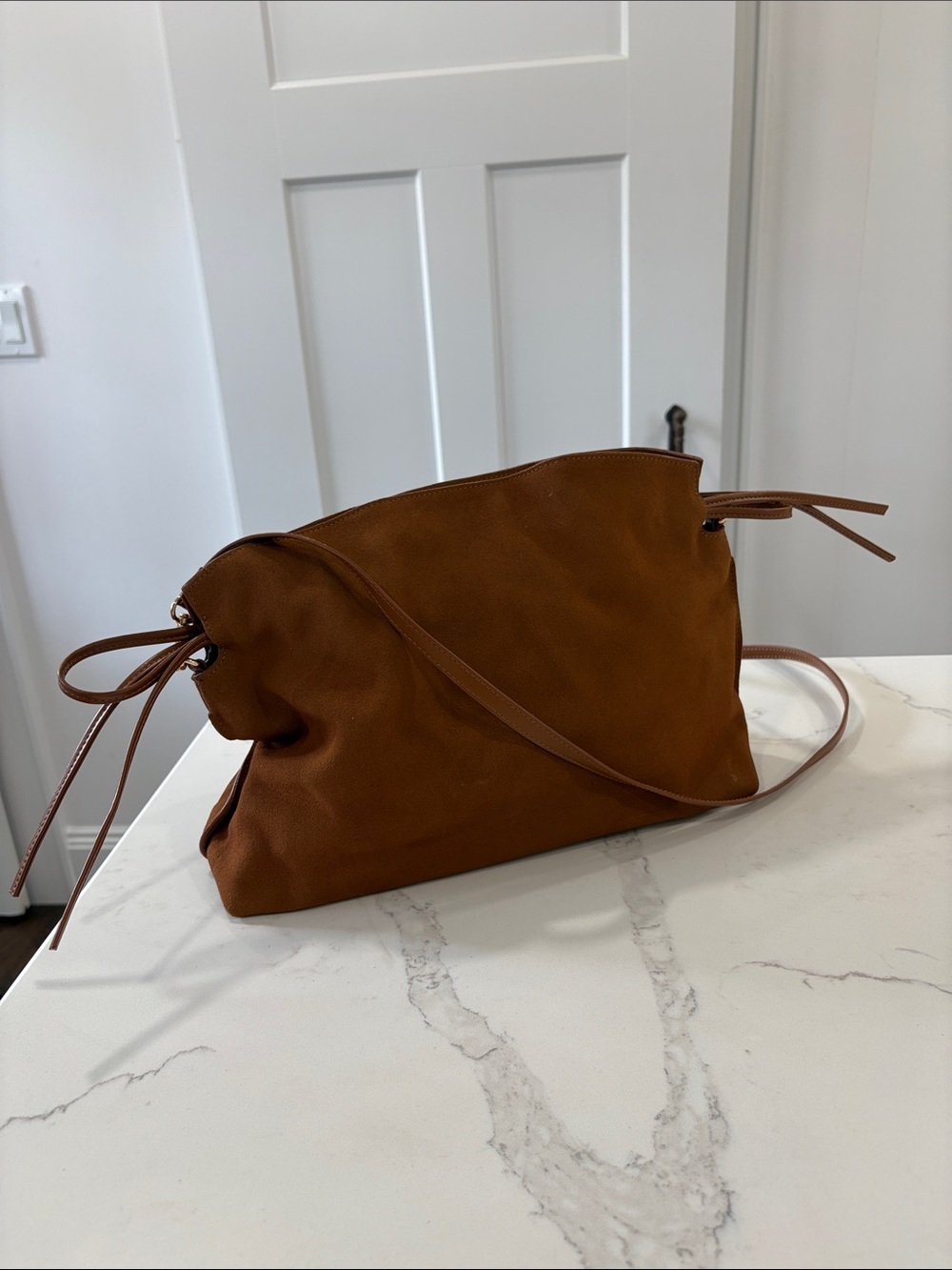 Ann Taylor Cognac Brown Suede Drawstring Shoulder Bag Purse - Picture 11 of 14